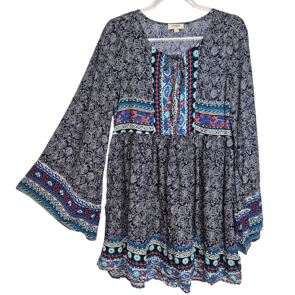 Umgee Boho Paisley Floral Bell Sleeve Mini Dress Navy Blue G0418 Womens Medium